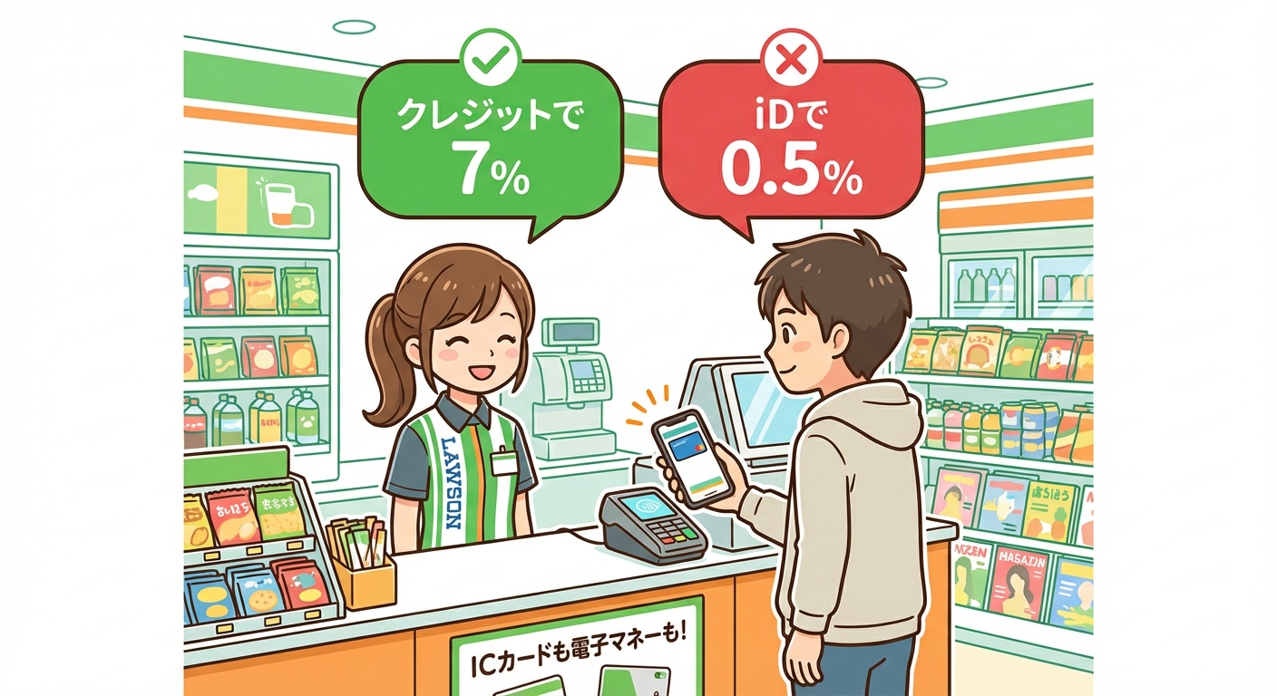 便利店结账：说「クレジットで」拿7%，说「iDで」只有0.5%