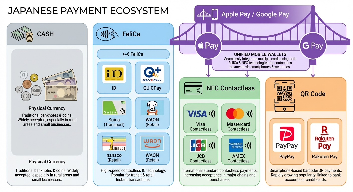 日本支付方式全景图：现金、FeliCa、NFC Contactless、QR码、Apple/Google Pay