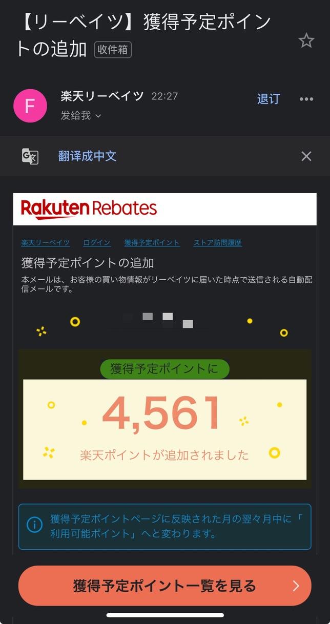 Rakuten Rebates 返利示例